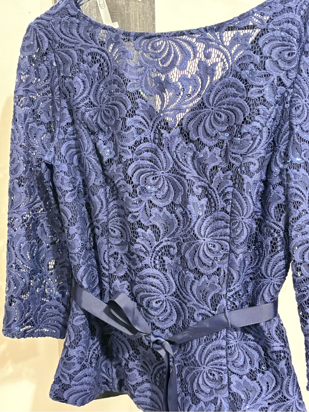 Alex Evenings Navy Lace Peplum Top with Self-Tie - Picture 5 of 5